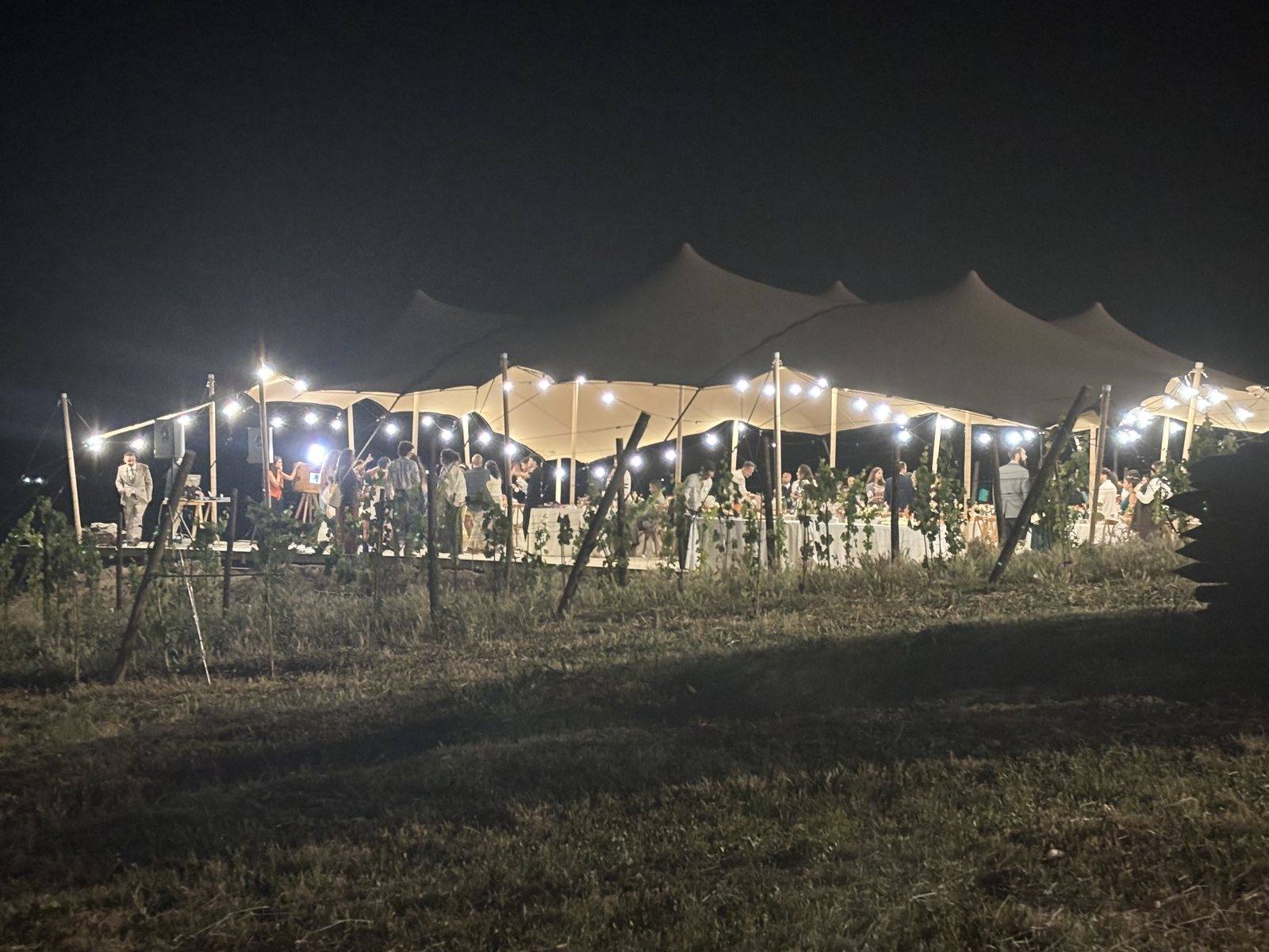 Guests celebrating under the lit pavilion at night